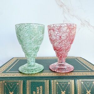 Vintage Mid-Century Spaghetti Drizzle Red Green Glass Christmas Cordials (Pair)